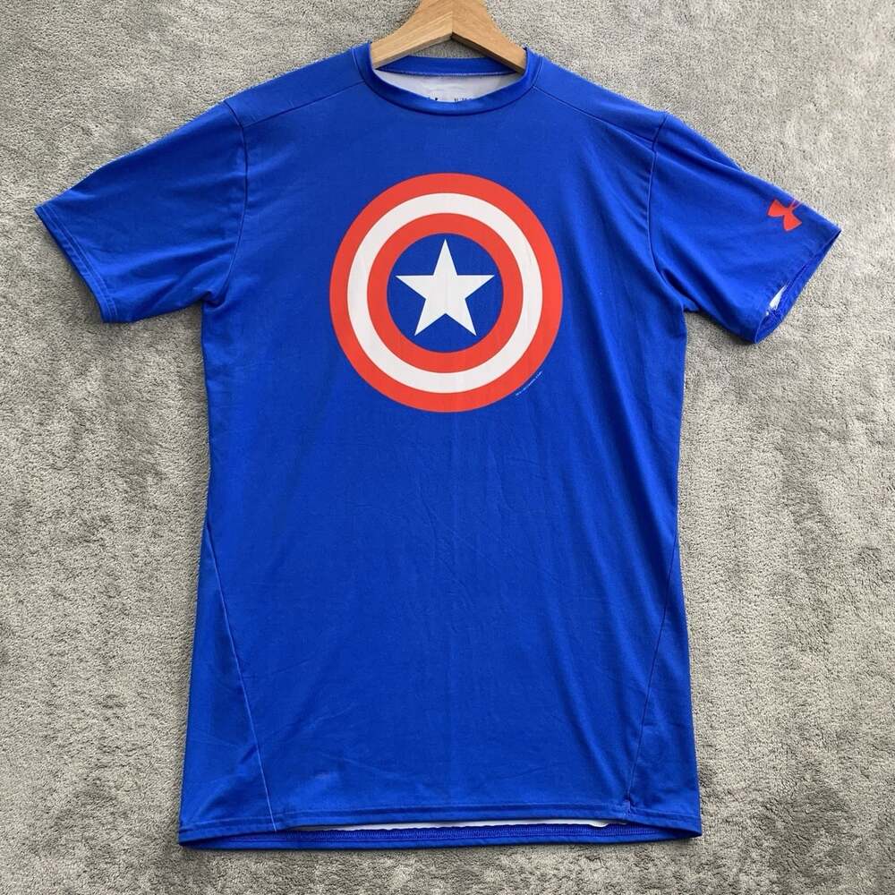 Under Armour Shirt Mens XL Captain America Blue Marvel HeatGear Compression Gym